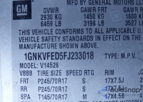 2015 Chevrolet Traverse Ls z USA, uszkodzony, nr VIN 1GNKVFED5FJ233018